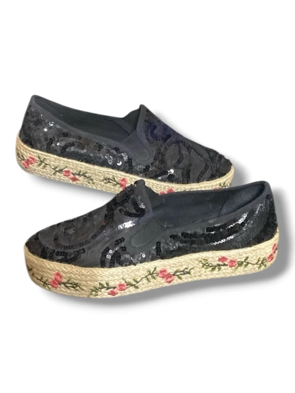 Sequin Floral Embroidered Espadrille Slip-On Black